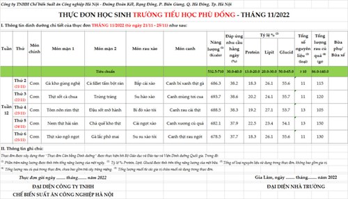 Thực đơn bán trú tuần 12 năm học 2021-2022